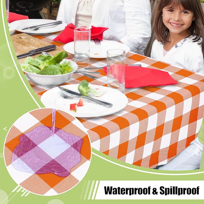 Smiry Rectangle Table Cloth, Waterproof Vinyl Tablecloth with Flannel Backing, Wipeable Buffalo Plaid Table Cover for Dining, Indoor and Outdoor (Orange & White, 60"x102")