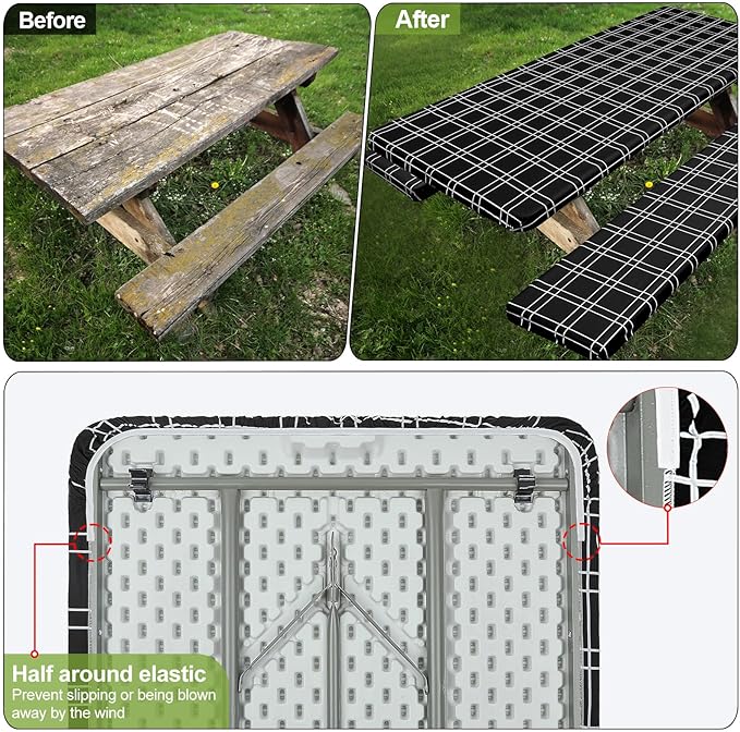 Picnic Table Cover with Bench Covers Camping Essentials Waterproof Windproof Camping Tablecloth with Drawstring Bag, Fitted Rectangle Tables and Seats, 60in, Black Checkered