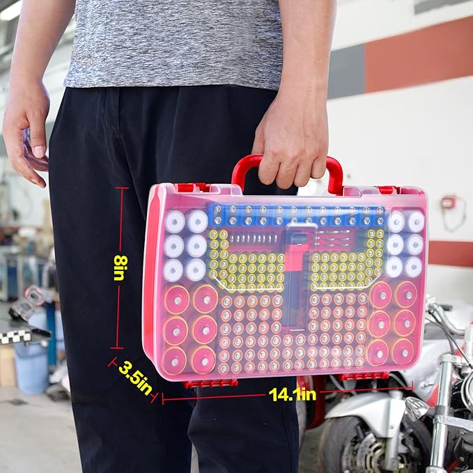 Battery Organizer Storage Holder Box Case with Tester- 269 Batteries Double-Sided Variety Pack, Holds AA AAA 4A C D Cell 9V 3V Lithium LR44 CR2 CR123 CR1632 18650 Button- Red (Box Only)