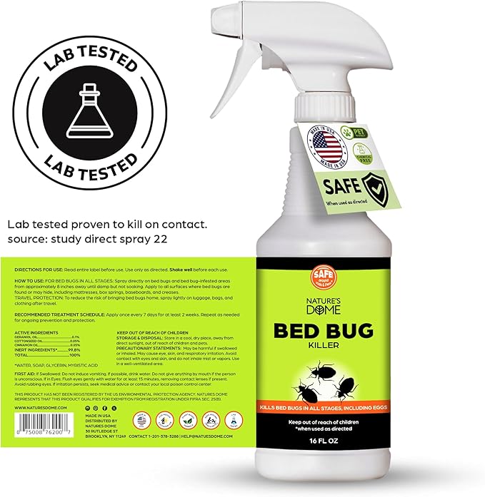 Nature's Dome Bed Bug Spray – 100% Kill Rate, 16 OZ Natural Bed Bug & Mite Killer, Destroys Eggs, Kills Resistant Strains, Long-Lasting Protection, Safe for Home Use