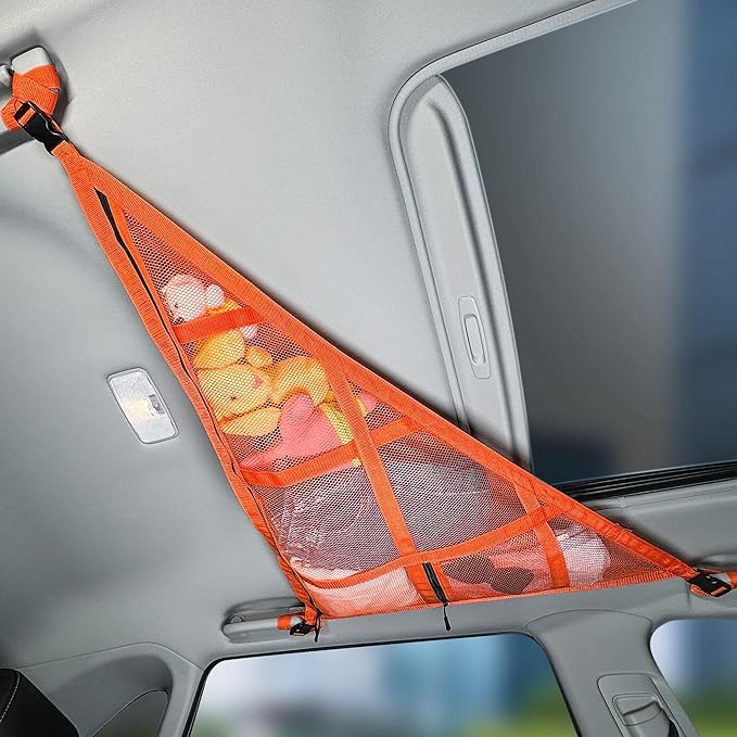 Kaskawise 3 Handles Car Ceiling Cargo Net for Inside Car Roof,Interior Mesh Storage,Truck SUV Travel Long Road Trip Camping Interior Accessories 35.4"x25.6",Orange