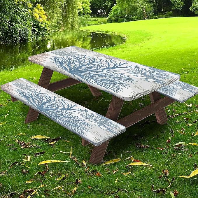 CAPSCEOLL Fitted Picnic Table Cover with Bench Covers with Elastic 8Ft Waterproof Camping Picnic Table Cover Cloths for Outdoors Camping Tablecloth with Drawstring Bag, 96X30in, Blue Sea