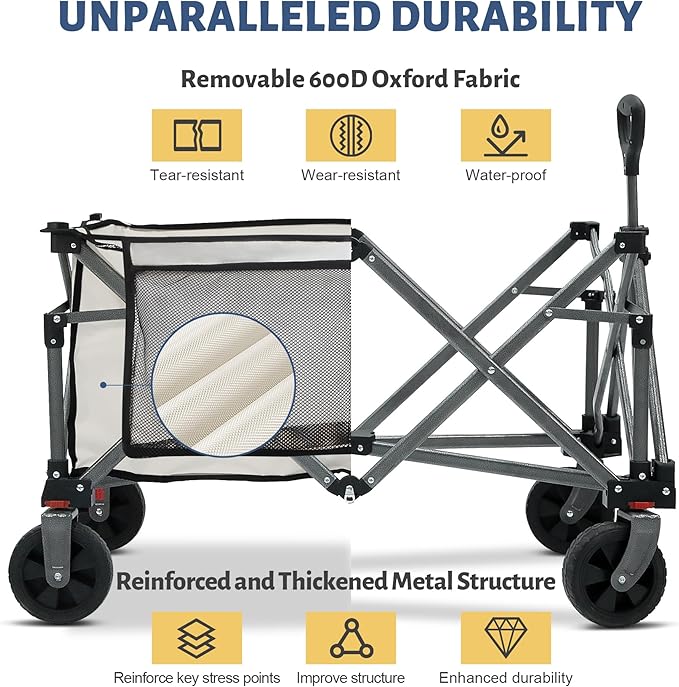 Collapsible Folding Wagon Cart, 220LBS Heavy Duty Foldable Utility Garden Cart with All Terrain Wheels & Side Storage Bag, Portable Sports Wagon for Camping, Shopping, Garden