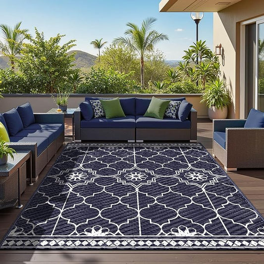 Outdoor Rug 6x9Ft, Waterproof Outdoor Patio Rug for House Deck Reversible Plastic Straw Mat for RV Camping Picnic Beach Balcony (Blue White)