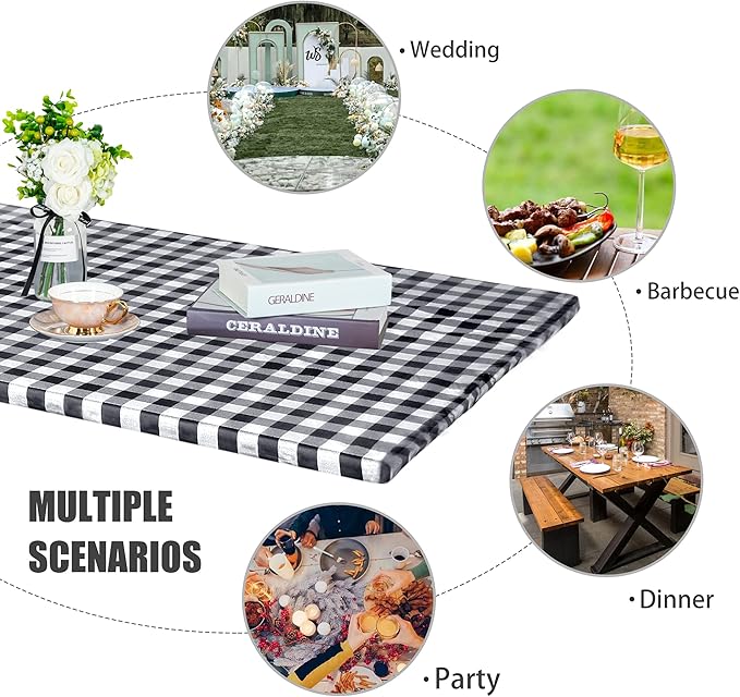 Fitable Checkered Picnic Table Cover Waterproof Elastic Outdoor Table Cover with Bench Covers, Vinyl Fitted Flannel Backing 30"x72" for Camping, Party, Folding Table, Black and White, 3 PCS Set