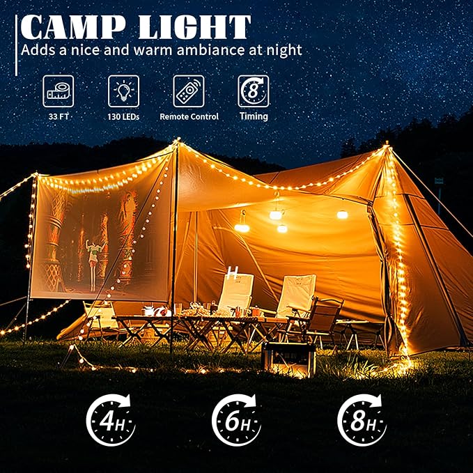 Solar Camping Lights with 13 Lighting Modes,33 FT Fairy Lights 130LEDs,Portable Waterproof 4 in 1 Camping Lantern,Retractable Design & Hooks for Outdoor Garden Party Essentials
