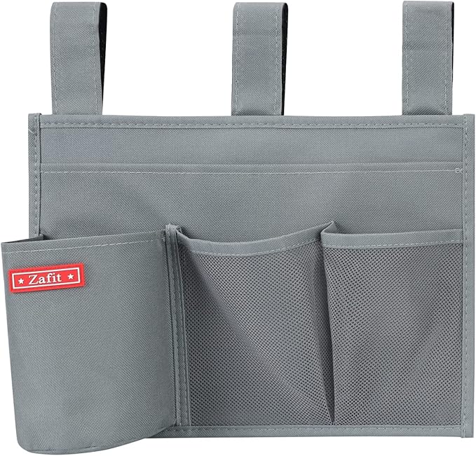 Hanging Bedside Caddy, Bedside Storage Organizer for Magazine, Phone, Remote control (4 Pockets-Grey)