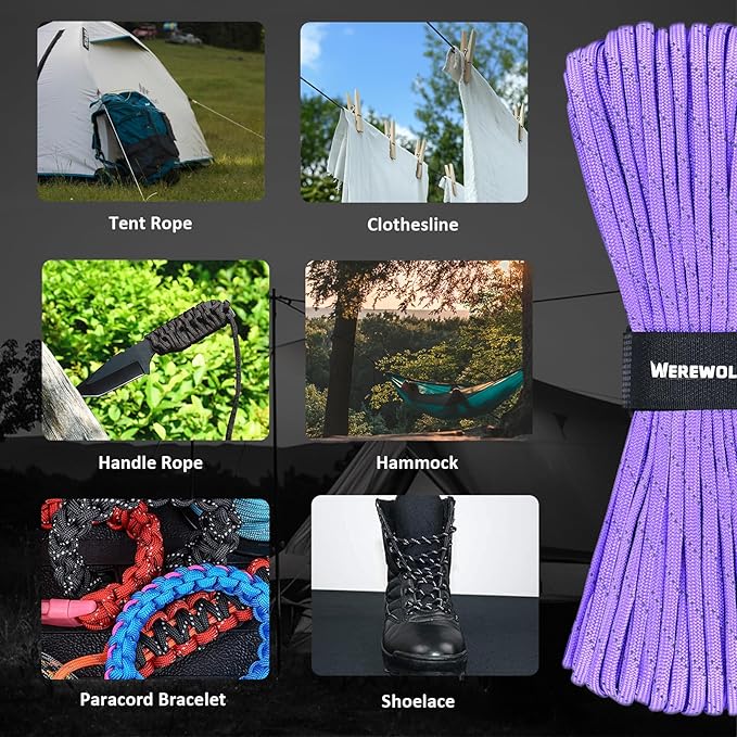 WEREWOLVES Reflective Paracord Rope 7 Strand Type III Parachute Cord 4mm 100ft / 200ft for Tent Camping Hiking Fishing Survival Tactical Clothesline DIY Projects