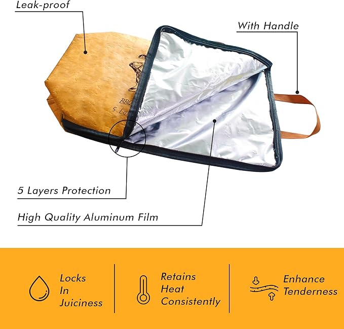 BBQ Blanket for Resting Meat, 5-Layer Insulated Meat Resting Bag for Moisture Retention and Perfect BBQ, Wide Mouth with Handle Design for Briskets, Pork Shoulders, Steaks (Brown, 15 Inch)