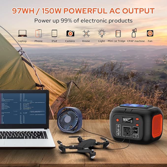 Portable Power Station 97Wh Backup Lithium Battery, Solar Generator Power Bank Station Fasting Charging 150W with Wireless Charging LED Flashlight Power Supply for Home Camping RV Emergency