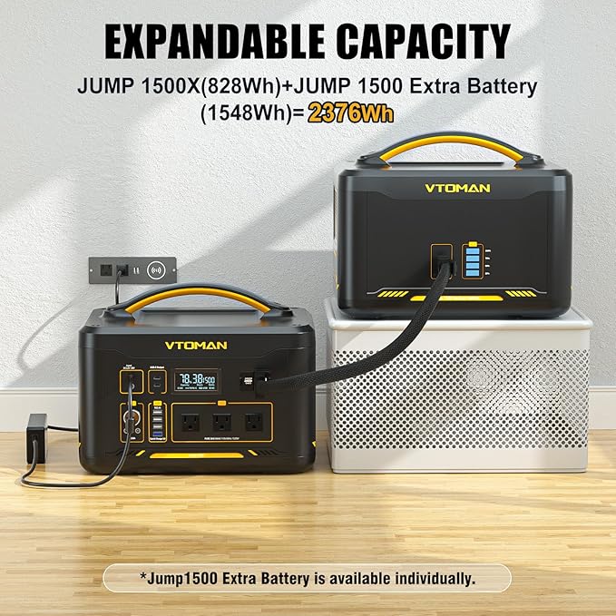 VTOMAN Jump 1500X Portable Power Station with 200W Solar Panel, 1500W/828Wh LiFePO4 Battery Solar Generator with 1500W Constant-Power, PD 100W Type-C, Capacity Expandable for Camping, Home Backup