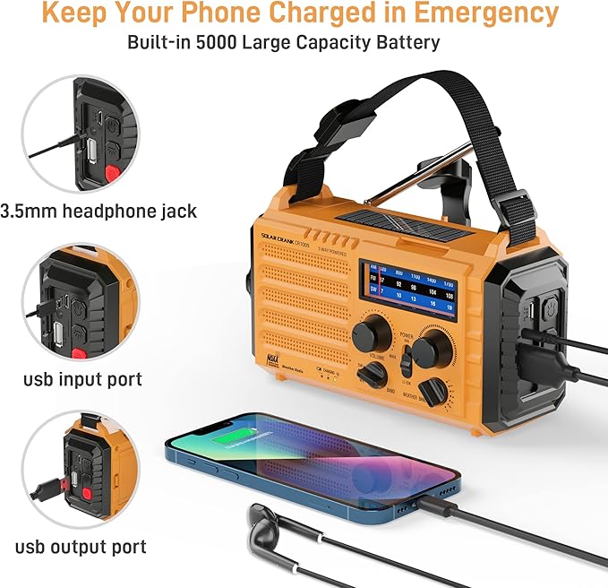 Emergency Radio with NOAA Weather Alert– 5000mAh Solar Hand Crank Portable AM/FM Shortwave Radio, Rechargeable Battery, USB Charger, Flashlight, SOS Alarm for Home Outdoor Hurricane Survival