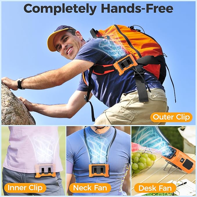 14500mAh Portable Waist Fan Clip On Belt- Rechargeable Battery Operated,Max 40H Cooling,5 Speed 14600RPM,Dual Air Vent, Hands-free Shirt Neck Fan With Light for Outdoor Jobsite Camping Traveling