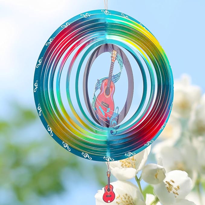 Guitar Wind Spinners Garden Yard Decor Gift for Women Men, 12 Inch Outdoor Metal 3D Wind Spinner, Stainless Steel Hanging Wind Catchers Kinetic Sculpture for Outside Decoration