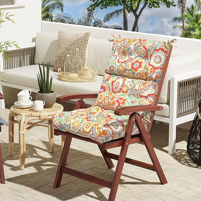LVTXIII Outdoor Seat/Back Chair Cushion Patio Tufted High Back Cushion, Seasonal Replacement Rocking Chair Cushion with Ties (22” W x 20D”, Set of 2, Flower Red)