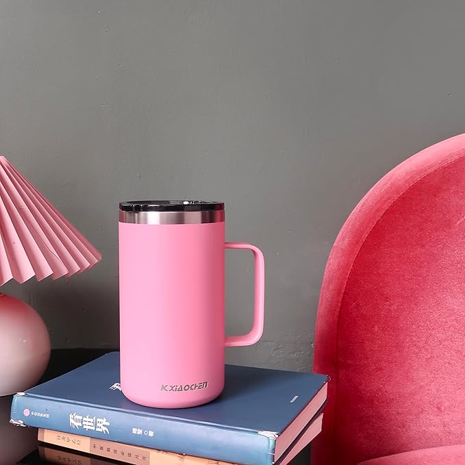 KXIAOCHEN 20oz Insulated Coffee Mug with Lid, Stainless Steel Coffee Cup, Double Wall Vacuum Coffee Tumbler with Handle, Premium Thermal Travel Coffee Mug (Pink)