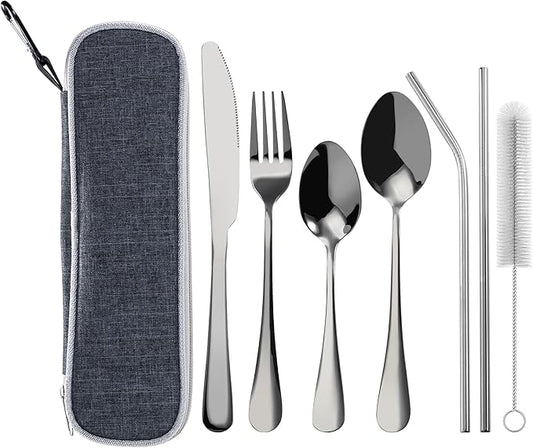 Portable Easy-taking Stainless Steel Spoons and Forks Set for Home Office or Ourtdoor Camping or Picnic Use with a Little Carry Bag