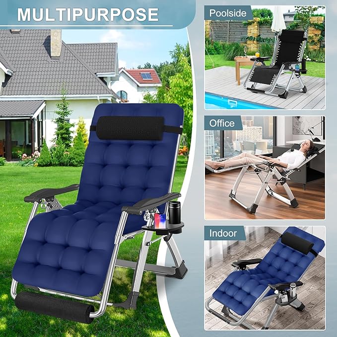 ABORON Oversized Zero Gravity Chair,29In XL Premium Outdoor Lawn Folding Lounge Chairs,Sturdy Adjustable Reclining Patio Chairs with Removable Cushion,Headrest & Tray