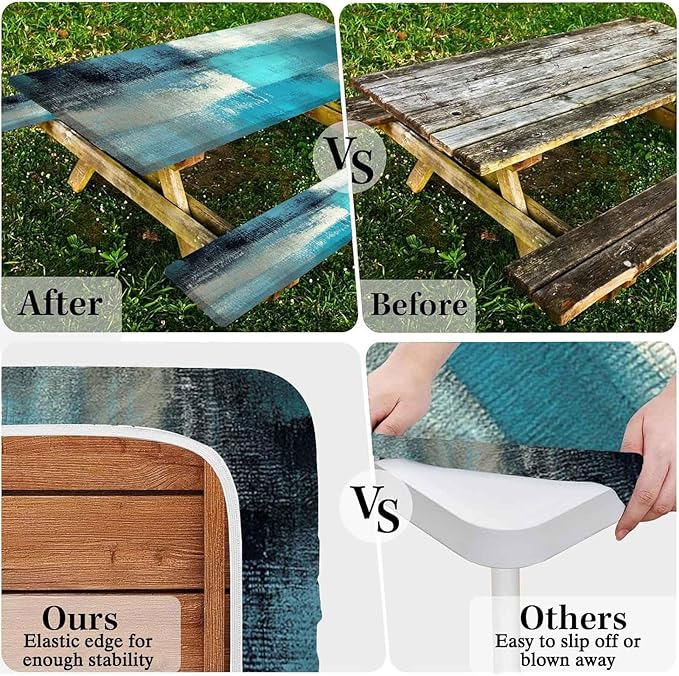CAPSCEOLL Elastic Picnic Table Cover with Bench Covers 5Ft Waterproof Fitted Picnic Table Cover Cloths for Outdoors Camping Tablecloth with Drawstring Bag, 60X30in, Blue White
