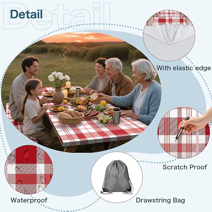 Red Picnic Table Cover with Bench Covers, 3 Pcs Waterproof Elastic Picnic Table Cover Outdoor Camping Essentials, Windproof Fitted Tablecloth for Camping, Indoor, Outdoor (Plaid, 60X30 Inch)
