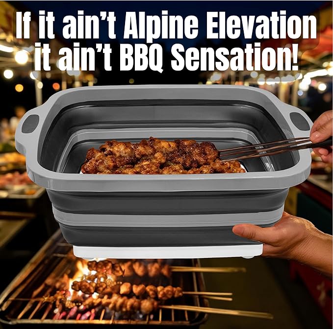 Collapsible Large (8L) BBQ Marinating Tub w/Cutting Board | Multipurpose Food-Grade TPE Prep Tub w/Lid | Built-in Colander & Drain Plug - for Camping | Tailgate | Picnic - Slate Black