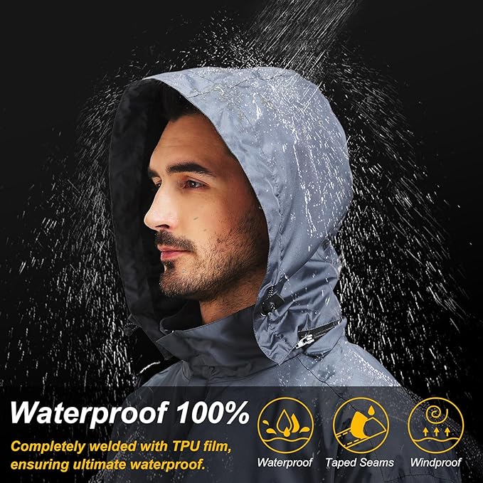 Men's Packable Rain Jacket Waterproof Outdoor Classic Lightweight Raincoat Hooded Windbreaker