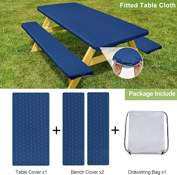 Picnic Table Cover with Bench Covers Camping Essentials Waterproof Windproof Camping Tablecloth with Drawstring Bag, Fitted Rectangle Tables and Seats, 72in, Deep Blue