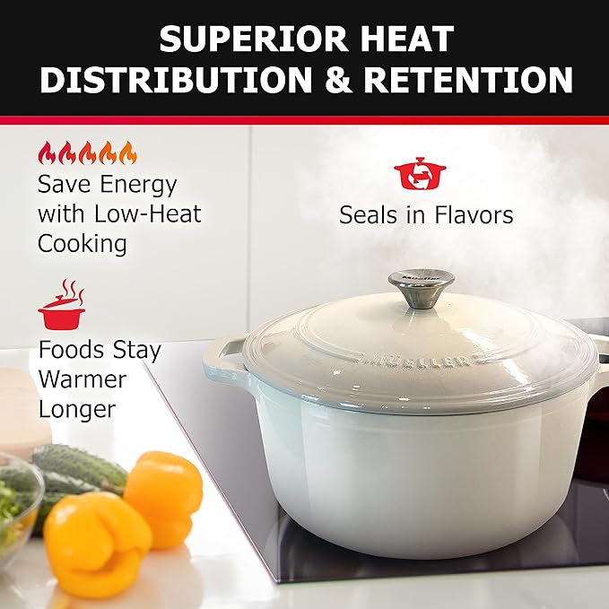 Mueller 6qt Enameled Cast Iron Dutch Oven, Heavy-Duty Casserole and Braiser Pan with Lid and Knob, Oven-Safe up to 500° F & Across All Cooktops, White