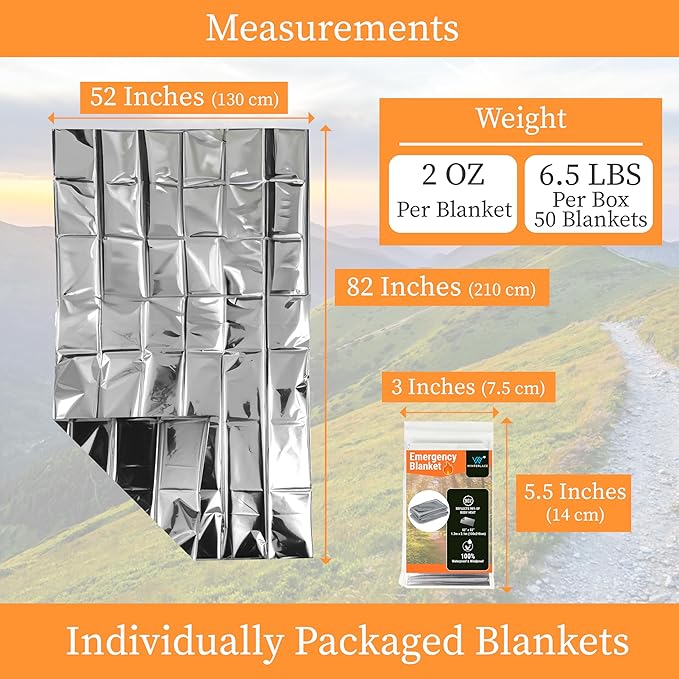 Winterlace Emergency Blankets 50-Pack (52” x 82”) Thermal Mylar Survival Rescue Camping Heat Reflective (50)