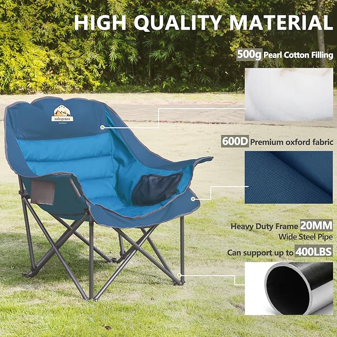 Oversized XL Padded Camping Chair Set of 2 Wide Heavy Duty Lawn Chairs Support 450 LBS Portable Folding Gaint Plus Camp Chair for Outdoor Outside Sports Baseball Soccer-Blue