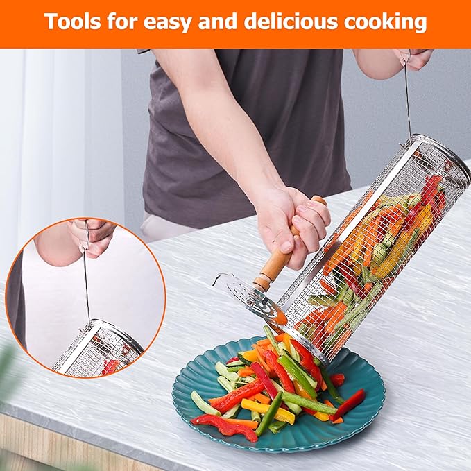 Rolling Grilling Baskets for Outdoor Grill Bbq Net Tube Stainless Steel Large Round Mesh Barbecue Accessories Wire Cylinder Cage Picnic Essentials Cooking Camping Basket for Veggies Vegetable Fish