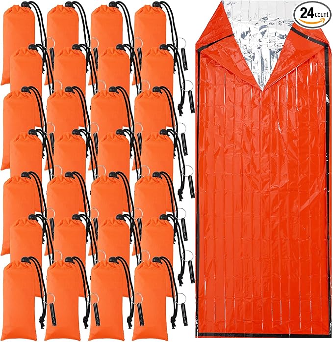 Qunclay 24 Set Emergency Sleeping Bag Survival Bivvy Sack Blanket with Whistles Lightweight Portable Thermal Survival Bag Thick with Hood Extension Nylon Stuff Sack for Camping Hiking Outdoor