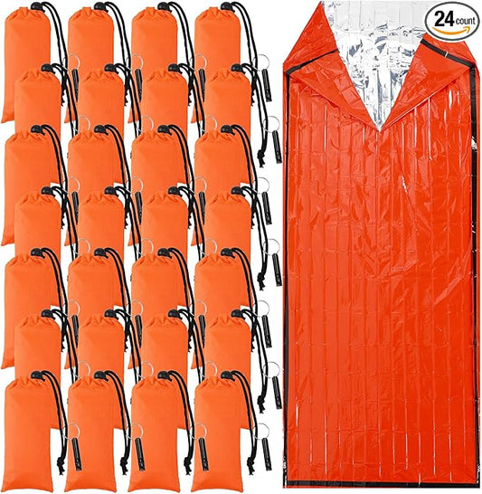 Qunclay 24 Set Emergency Sleeping Bag Survival Bivvy Sack Blanket with Whistles Lightweight Portable Thermal Survival Bag Thick with Hood Extension Nylon Stuff Sack for Camping Hiking Outdoor