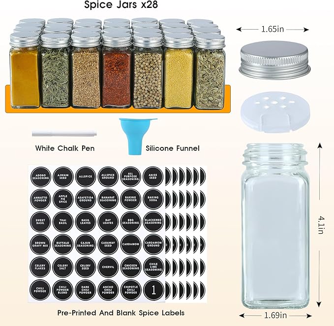 Spice Rack Organizer with 28 Empty Spice Jars,Spice Labels,Chalk pen and Funnel Complete Set,Space-Saving for Countertop, Cabinet or Wall Mount