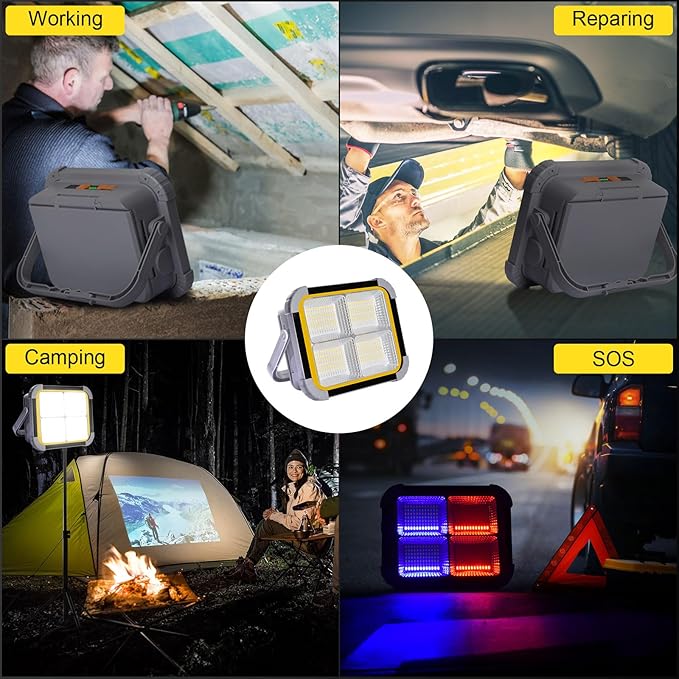 ERAY LED Work Light with 4 Solar Panel, 150W 12000mAH Rechargeable Worklight with 336 LED Beads/4 Modes/IP64/Stepless Dimming, Portable Job Site Light for Emergency Workshop（Grey