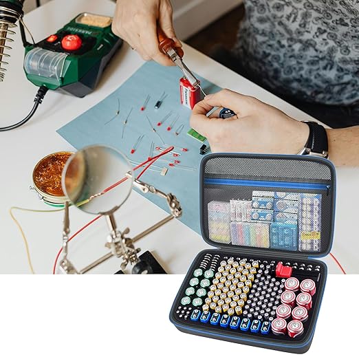 Battery Organizer Storage Holder Case Box with Tester Checker BT-168. Holds 225 Batteries AA AAA C D Cell 9V 3V Lithium (Blue)
