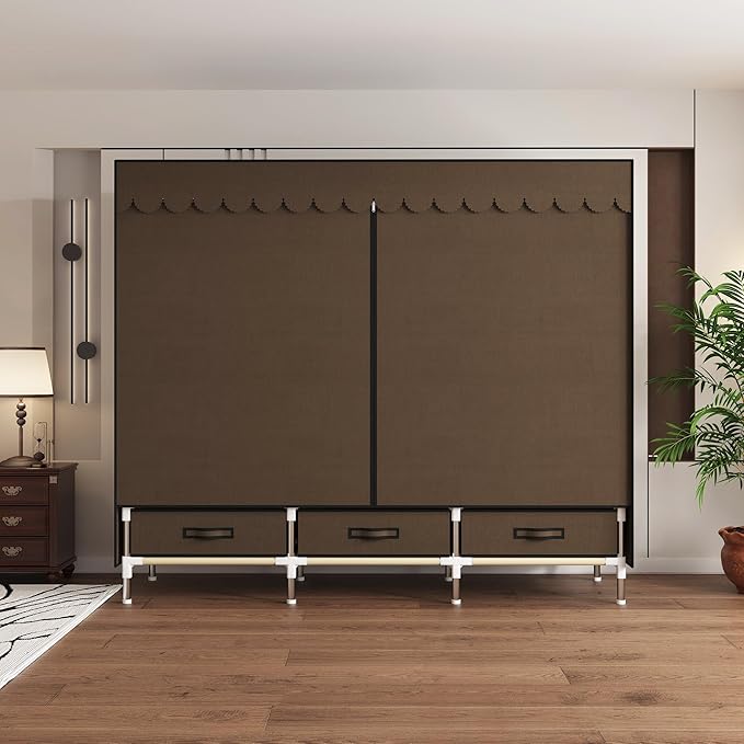 Portable Wardrobe Closet Durable and Easy to Assemble Heavy Duty Clothes Rack with Non-Woven Cover Fabric Best for Bedroom and Easy Storage and Organization (Brown-A)