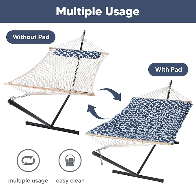 SUNCREAT Double Portable Hammock with Stand Included, 475 lbs Capactiy, Extra Large Two Person Hammock, Blue Pattern