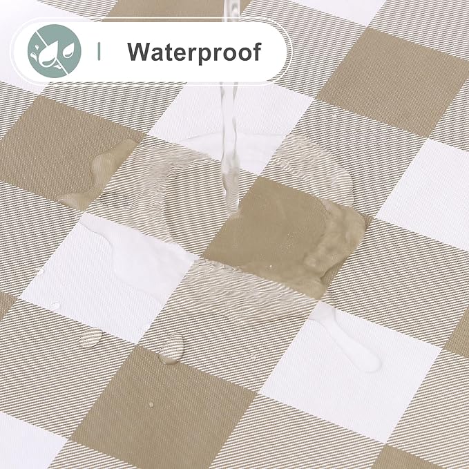 misaya Rectangle Waterproof Vinyl Table Cloth, Buffalo Flannel Backed Tablecloth, Wipeable Plastic Table Cover for Dinner, Cafe, Outdoor (60" x 144", Khaki and White)