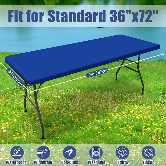 Spandex 6 Foot Rectangle Table Cloth 2 Pack, Elastic Fitted Tablecloths for Picnic, Stretch Washable Patio Table Cover for Outdoor, Camping, Banquet and Parties (Blue, 36"x72")
