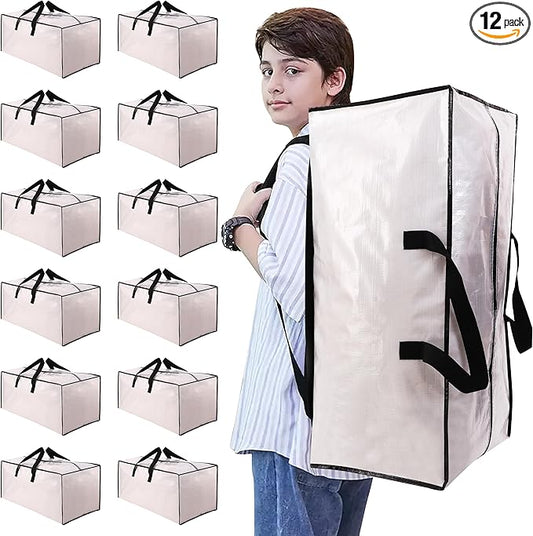 Heavy Duty Moving Bags with Backpack Straps and Strong Handles, Alternative to Moving Boxes and Storage Totes for Dorm Room Essentials, 12 Pack, Clear
