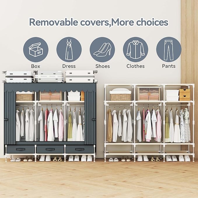 Portable Wardrobe Closet Durable and Easy to Assemble Heavy Duty Clothes Rack with Non-Woven Cover Fabric Best for Bedroom and Easy Storage and Organization (Grey-A)