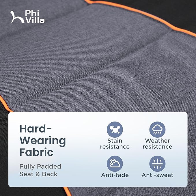 PHI VILLA XXL Oversized Padded Zero Gravity Chair, Foldable Patio Recliner, 30" Wide Seat Anti Gravity Lounger with Cup Holder, Support 400 LBS (Black & Orange Accents)