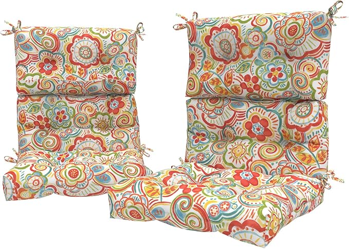 LVTXIII Outdoor Seat/Back Chair Cushion Patio Tufted High Back Cushion, Seasonal Replacement Rocking Chair Cushion with Ties (22” W x 20D”, Set of 2, Flower Red)