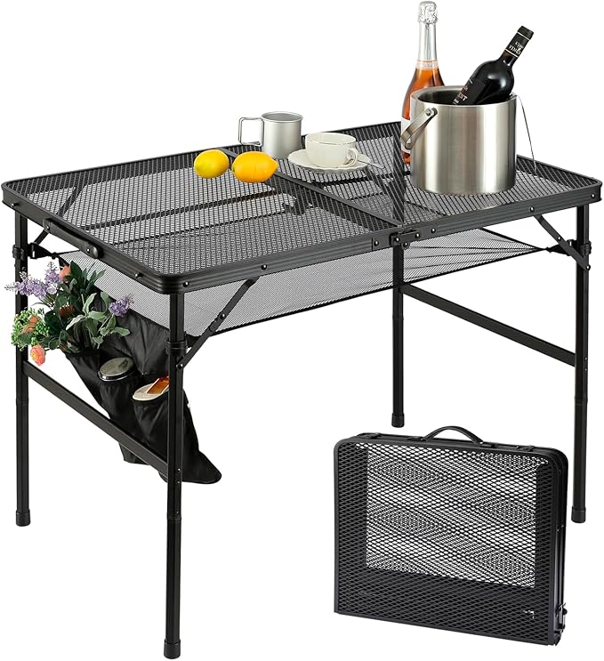 Folding Metal Camping Table with Mesh Layer, Portable & Lightweight Grill Table for Outdoor, 2 Adjustable Heights, Metal Mesh Tabletop for Camping Cooking, Medium Size (2.95 FT, Black)