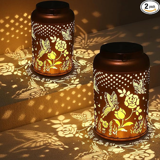 2 Pack Solar Lanterns Outdoor Waterproof, Butterfly Rose Garden Decor Birthday Gifts for Women Mom Grandma Hanging Solar Lights Metal Solar Decoration Outside for Yard, Patio, Lawn, Pathway