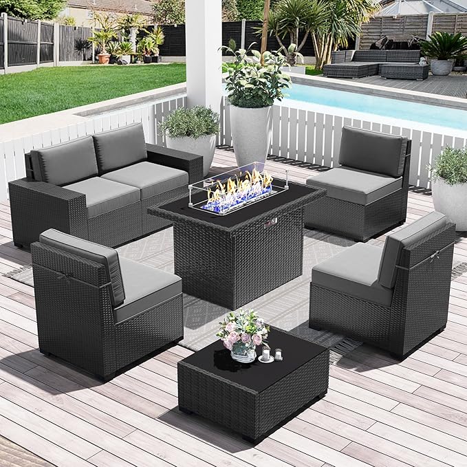 LayinSun 7 Pieces Outdoor Patio Furniture Set with 44" Fire Pit Table Rattan Sectional Sofa Conversation Sets
