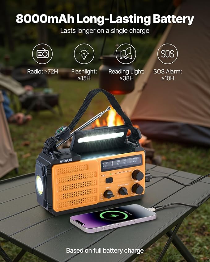 VEVOR Emergency Weather Radio, 8000mAh Battery, FM/AM/WB/NOAA Alert Solar Hand Crank Emergency Radio, Type-C Charging, USB Cable, SOS Alarm and Flashlight, Portable for Outdoor Emergencies, Camping