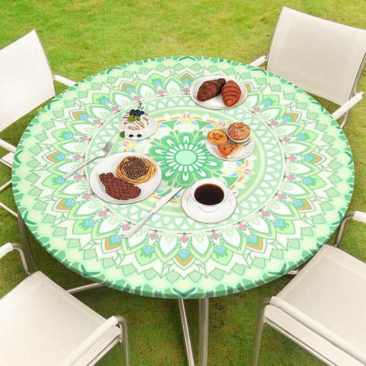Round Tablecloth Fitted Elastic Table Cover Waterproof Table Cloth for Dinner, Party, Picnic,Camping, Round Table Cover for Indoor Outdoor