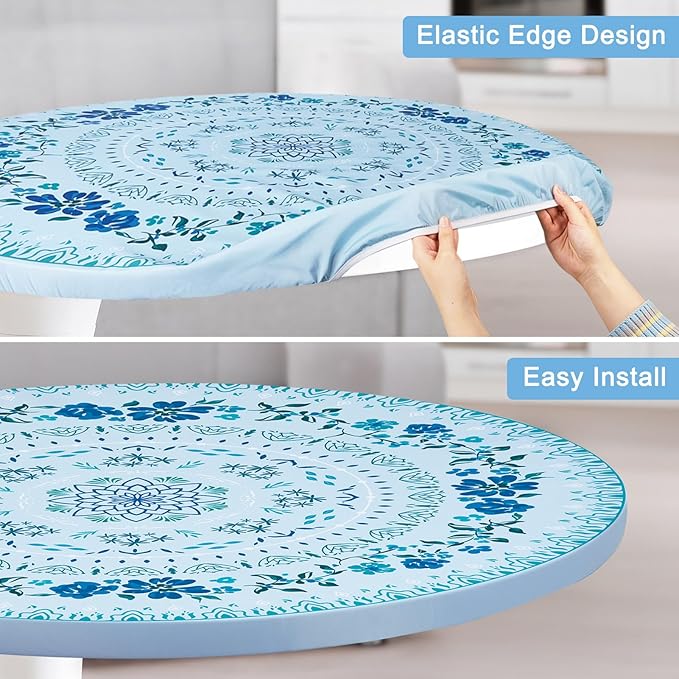 Round Tablecloth Fitted Elastic Table Cover Waterproof Table Cloth for Dinner, Party, Picnic,Camping, Round Table Cover for Indoor Outdoor